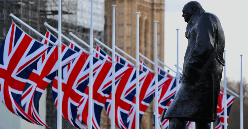 uk flags statue of winston churchill